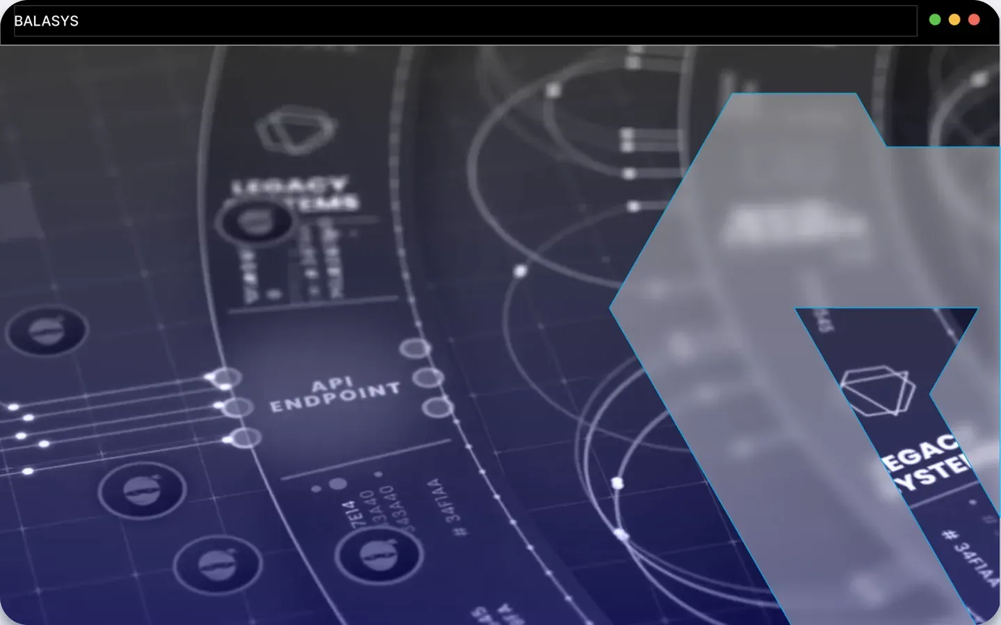 Absztrakt tervrajz-illusztráció „Legacy systems” és „API endpoint” feliratokkal