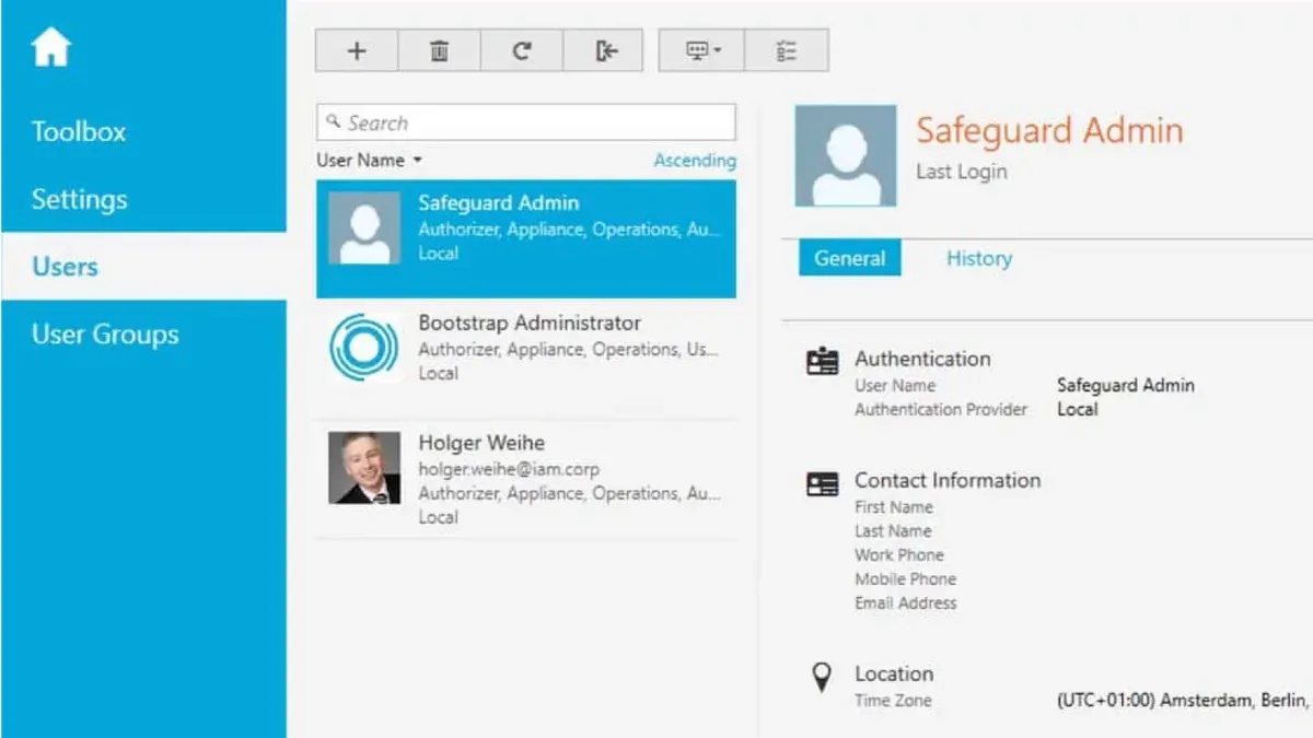 Safeguard administration console listing privileged user accounts